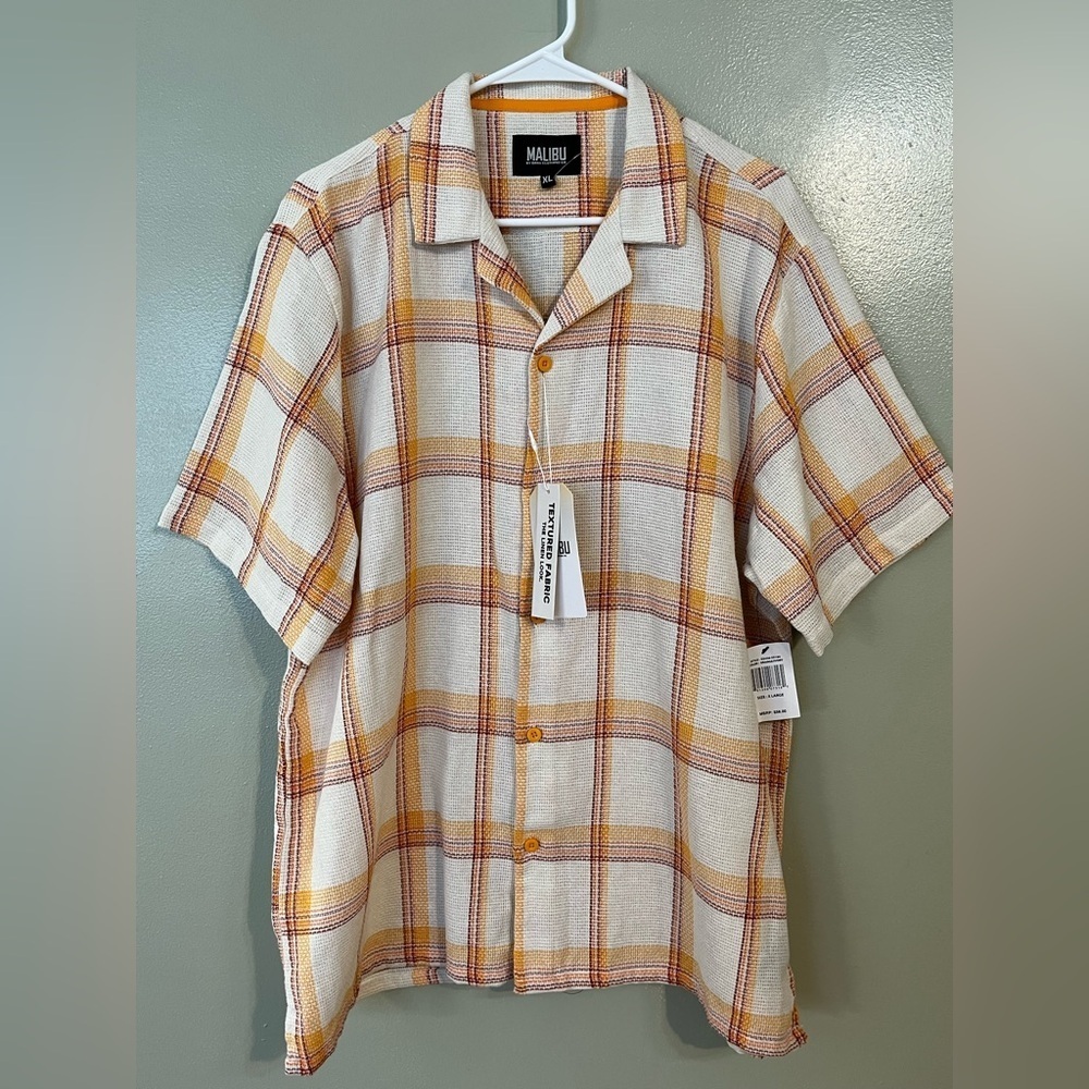 Malibu Mens  Button Up Textured Linen Look Short Sleeve Shirt Blouse XL NWT